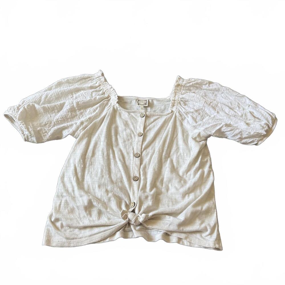 Cream Button Tie Front Blouse Puff Sleeve Cottage Soft Girl L